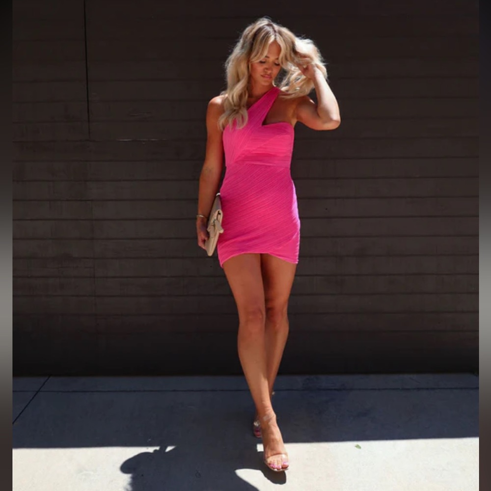 Vici Plisse One Shoulder Hot Pink Mini Dress
